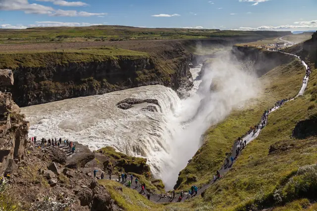 Gullfoss waterfall plunging in two stages into a deep canyon in south-west Iceland