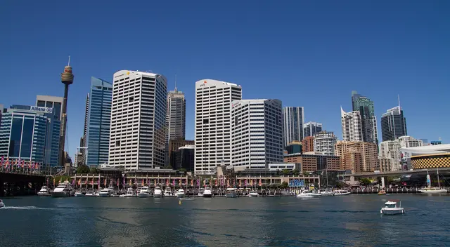 Sydney CBD skyscrapers and the Sydney Tower seen across the water from Darling Harbour