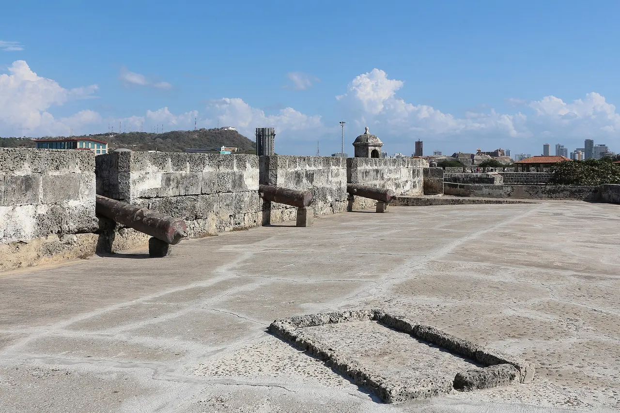 The old stone city walls of Cartagena's historic centre on the Caribbean coast of Colombia