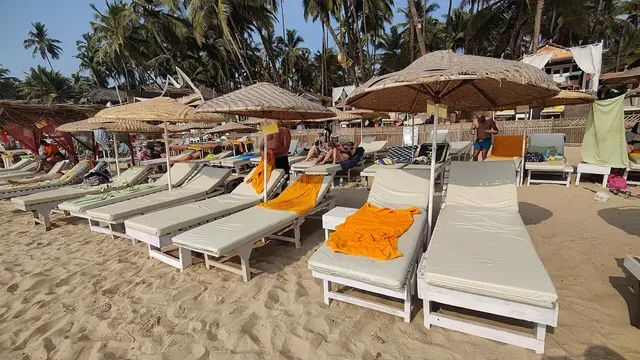 The curving sandy beach at Palolem in south Goa, backed by palm trees