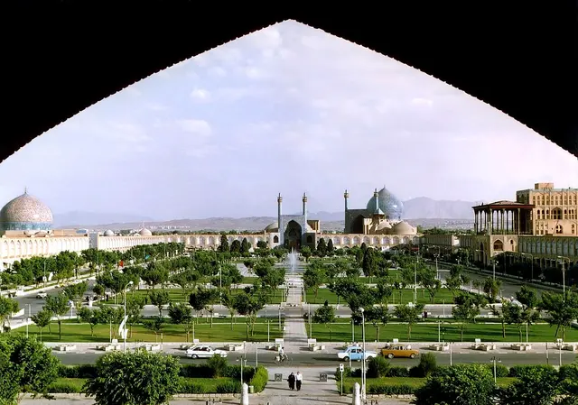 Naqsh-e Jahan Square in Isfahan, Iran, with its mosques and gardens.