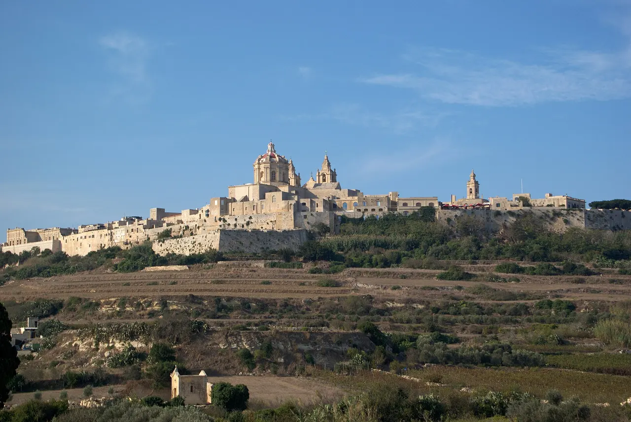 The walled hilltop city of Mdina rising above terraced fields in Malta