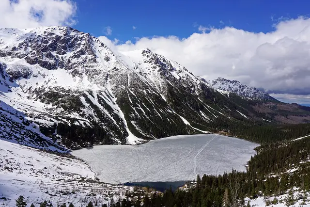 Frozen Morskie Oko lake surrounded by snow-covered peaks in the Tatra Mountains